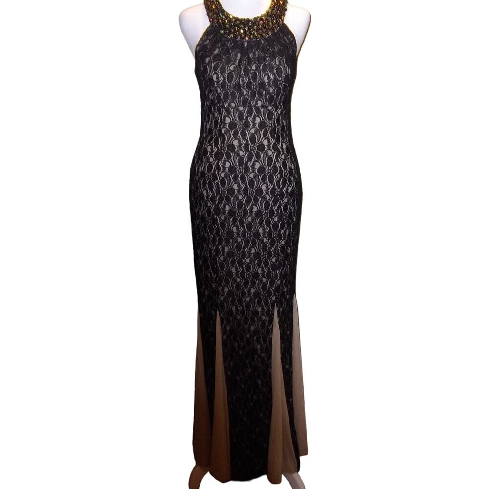 Cachet Black Beaded Round Neck Sleeveless Lace Mermaid Formal Women Dress 4